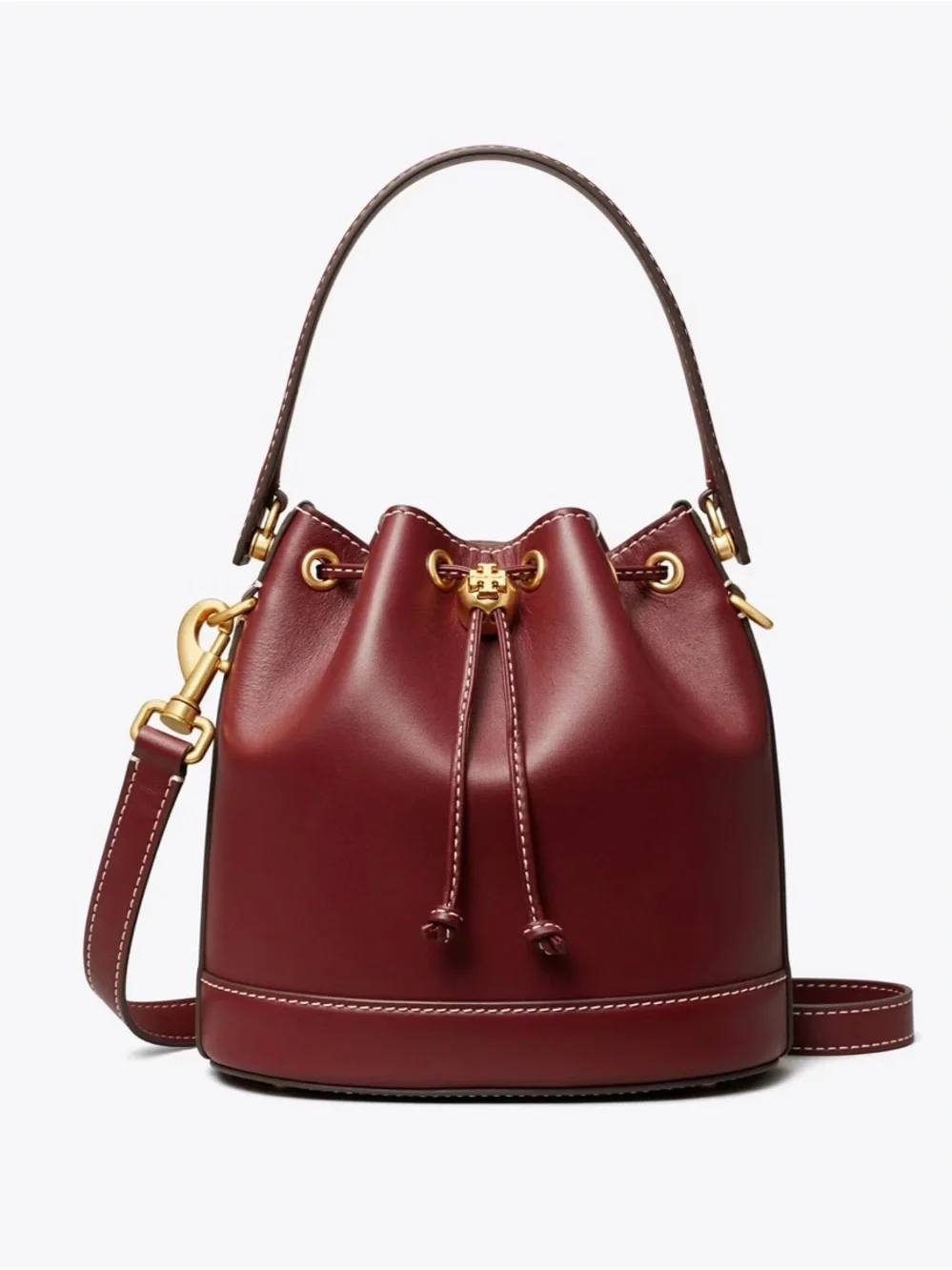 Tory Burch Leather Drawstring Bucket Bag with Gold Hardware in Huckleberry Color